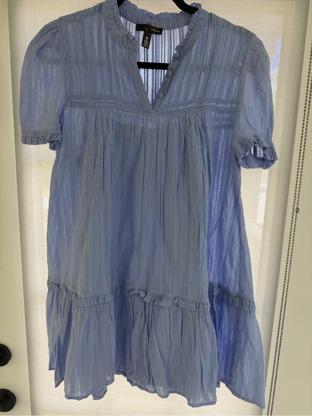 Aqua sky blue Textured Ruffle Neck dress